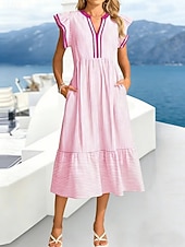 abordables Vestidos de vacaciones-Mujer Vestido Midi Vestido informal Vestido de Columpio Elegante Moda Moderno Exterior Vacaciones Noche Ajuste regular A Rayas Manga Corta Escote en Pico Rosa Azul claro Verano Primavera