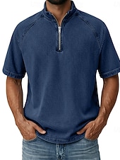 お買い得  ベーシックTシャツ-男性用 デニムシャツ コットン100% アシッドウォッシュシャツ ティートップ 半袖 スタンド ファスナー 秋冬 春 秋 平織り ヴィンテージ ストリートファッション カジュアル ジッパーを閉める 色褪せた ベーシック カジュアル 家 ストリート パープル メンズトップTシャツ