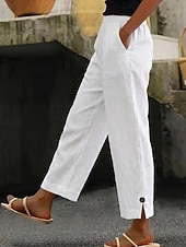 voordelige Botten-Women's Linen-feel Pants Cotton Casual Pants Summer Pants Vacation Fashion Streetwear Full Length High Waist Plain Pocket Elastic Waist Comfort Comfortable Inelastic Daily Vacation Street Pinky White