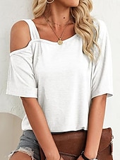 abordables T-shirt uni-Femmes T-shirt Œillet Uni Mode Élégant Classique Manche Courte Col asymétrique Hauts Réguliers Quotidien Sortir Week-end Bleu Noir Blanche Rose Claire Fuchsia Été Printemps