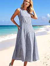 preiswerte Streifen- und geometrische Kleider-Damen Midikleid A Linie Kleid Urlaub Lässig Outdoor Ausgehen Lässiger Schnitt Gestreift Ärmellos Rundhalsausschnitt Blau Grün Grau Sommer Frühling