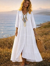 abordables Robes-Femmes Robe Maxi Robe maxi Robes effet lin Robe Chemise Robe d'Été Robe Caftan Vacances Basique Moderne Quotidien Week-end Coupe Ample Uni Manche 3/4 Col en V Bleu Blanche Jaune Été Printemps