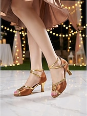 cheap Latin Shoes-Women's Brown &amp; Gold Latin Dance Shoes - Medium Heel, Strappy Design, Ballroom, Salsa, Tango, Practice &amp; Performance Footwear