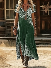 お買い得  エスニックボヘミアンドレス-女性用 マキシドレス 自由奔放に生きるドレス カジュアルドレス A ラインドレス プリントドレス ヴィンテージ アウトドア バケーション 週末 ルーズフィット グラフィック 半袖 Ｖネック ブラック イエロー ライトグリーン ピンク 夏 春