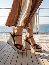 economico Sandali con zeppa-sandali con zeppa espadrillas neri da donna - eleganti tacchi a spillo con cinturino incrociato e fibbia alla caviglia &amp;fascino per vacanze in crociera, cene formali sul ponte &amp;abbigliamento da resort