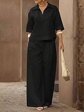 tanie Zestawy-Damskie Komplety lniane bawełniane Zestawy spodni Rękaw 3/4 W serek Jednokolorowe Moda Moda miejska Codzienny Na zewnątrz Niebieski Czarny Biały Wiosna i lato Luźna