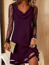 billige Hvit kjole-Dame Mini kjole Kjole med A-linje Sommerkjole Fritid Daglig Normal عادي Langermet Cowl-hals Svart Vin Lilla Grønn Sommer Høst Vinter