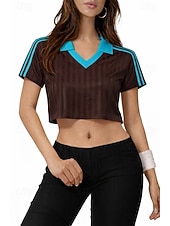 ieftine tricou simplu-Pentru femei Tricouri Tricou sport Echipament sportiv Bloc de Culoare Dungi Stilat Casual Manșon scurt În V Gulerul Polo Crop Tops Sport Ieșire Sfârșit de săptămână Negru Alb Galben Cafea Var