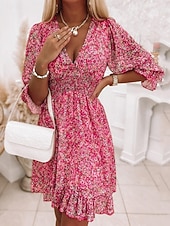 baratos Vestidos Boho-Mulheres Minivestido Vestido Boho Vestido antigo Vestido casual Vestido floral Elegante Moda Moderno Praia Férias Para Noite Normal Floral Meia Manga Decote V Azul Verde Cinzento Verão Primavera