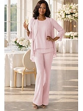 preiswerte Hosenanzüge für Mama-Overall Hosenanzug Bodenlang Brautmutterkleid Dreiviertelarm V Ausschnitt Elegant Hochzeitsgast Chiffon mit Rüschen