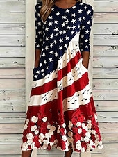  Amerikanischer Unabhängigkeitstag Damen Midikleid Shiftkleid Urlaub Party Lässig Täglich Sommerkleid Frühlingskleid Normale Passform Amerikanische Flagge Dreiviertelarm Rundhalsausschnitt Rote Sommer