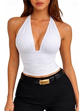 billige Enkel tank-Dame Singleter Slim fit topp Rynket side Elegant Stilfull Varmt Ermeløs Grimehals Crop Tops Daglig Ut på byen Date Night antrekk Svart Hvit kaffe Sommer Vår