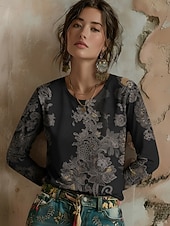 voordelige Boho t-shirt-Dames T-shirt Afdrukken Grafisch Planten Bohemen Vintage Casual Lange mouw Strakke ronde hals Normale tops Dagelijks Weekend Vakantiekleding blauw Zwart Blozend Roze Paars Oranje Zomer Lente Herfst