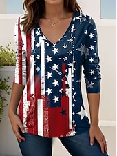 Χαμηλού Κόστους Ημέρα Ανεξαρτησίας Κορυφή-Ημέρα Αμερικανικής Ανεξαρτησίας Γυναικεία Μπλουζάκι Στάμπα Γραφική Αμερικάνικη σημαία Βίντατζ Στυλάτο Κλασσικό Μακρυμάνικο Λαιμόκοψη V Κανονικά μπλουζάκια Καθημερινά Σαββατοκύριακο