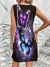 abordables Vestido Floral-Mujer Mini vestido Vestido de una línea Vestido de verano Vestido con hombros descubiertos Vacaciones Casual Diario Ajuste regular Floral Graphic Mariposa Sin Mangas Cuello Barco Púrpura Cscuro Verano