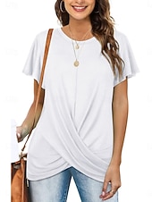 baratos Camiseta lisa-Mulheres Camiseta T-shirt Franzido Tecido Moda à moda Clássico Manga Curta Gola Redonda Tops regulares Diário Para Noite Final de semana Azul Preto Branco Rosa Vinho Verão Primavera