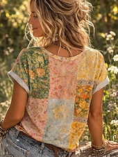 economico T-shirt Boho-Per donna Maglietta Stampato Floreale Grafico Bohemien Vintage Casual Manica Corta Scollo a V Top Regolari Quotidiano Verde primavera Giallo Rosa Verde militare Verde scuro Estate Primavera