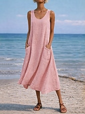 abordables Vestidos-Mujer Vestido maxi Vestido de cambio Vestido de verano Casual Diario Holgado Plano Sin Mangas Cuello Barco Azul Piscina Negro Blanco Verde Claro Verano Primavera Otoño