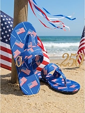  Patriotische Zehentrenner für Damen zum 250. Jahrestag der USA – Zehentrenner mit Sternen- und Streifenmuster und goldener Schnalle für den Unabhängigkeitstag 2026 und Strandurlaube &Sommerparaden