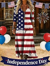  Independent Day Women's Maxi Dress Vintage Dress Casual Dress Vintage Daily Outdoor Vacation Regular Fit American Flag Long Sleeve V Neck Red Summer Spring Autumn