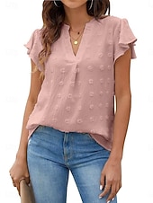 abordables T-shirt uni-Femmes Chemisier A Volants Couleur Unie Élégant Occasionnel Manche Courte Col en V Hauts Réguliers Quotidien Bleu Noir Blanche Rose Claire Fuchsia Été Printemps