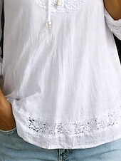 cheap Plain Blouses-Women's Blouse Lace Patchwork Solid Color Stylish Casual 3/4 Length Sleeve Crew Neck Regular Tops Daily White Summer Spring Fall