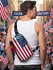  Pánský polyesterový náprsní batoh s velkou kapacitou a nastavitelným popruhem s vlajkou USA pro 250. výročí USA, Den nezávislosti, běžné nošení a outdoorové sporty