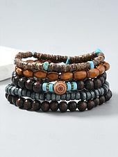 olcso Nyaralási kiegészítők-Férfi bohém, egymásra rakható fagyöngyös karkötő szett, többrétegű törzsi etikai csuklópánt türkiz díszítéssel, kézzel készített tengerparti nyaraláshoz és mindennapi használatra szánt ékszer férfiaknak