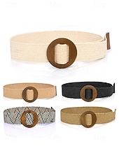abordables Accesorios de vacaciones-Cinturón tejido bohemio para mujer con hebilla de madera vintage, cinturón de malla de paja para vestir, ideal para vacaciones de verano en la playa y uso diario informal, disponible en varios colores.