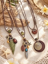 economico Collana da donna-Collane lunghe da donna in stile bohémien a strati, multi-stile, in lega, con pendente regolabile, perfette per l'uso quotidiano e per i viaggi.