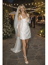 cheap Little White Dresses-Sheath Column Short Mini Wedding Dresses Bridal Shower Dresses Bridal Gown Simple Little White Dresses Spaghetti Strap Spaghetti Strap Graduation Birthday Satin with Sash / Ribbon Pleats