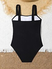 cheap One Piece Swimsuit-Kids Girls' Swimsuit Outdoor Beach Color Block Vacation Fashion Hollow Out Bathing Suits 4 years+ Summer Blue Black