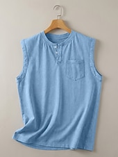  Vintage-Tanktop für Herren, 100 % Baumwolle, Acid-Wash-Optik, ärmelloses Unterhemd, Henley-Shirt, schlichtes Sommer-Design, Basic-Tasche, Knöpfe, Urlaub, Streetwear, schwarzes T-Shirt für Herren
