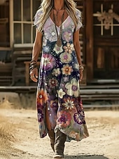 economico Abito Boho Etnico-Per donna Abito maxi Abito Boho Vestito Casual Abito a trapezio Abito Stampato Vintage All'aperto Vacanza Weekend Vestibilità regolare Floreale Grafico Manica Corta Scollo a V Blu marino Viola Verde