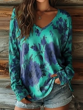 preiswerte Kunst &amp; Design T-Shirt-Damen T Shirt Druck Grafik Batik Vintage Lässig Boho Langarm V Ausschnitt Normale Oberteile Täglich Blau Sommer Frühling Herbst