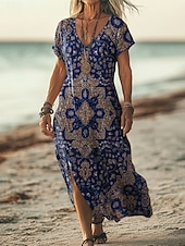  Dame Maxikjole Boho-kjole Uformell kjole Kjole med A-linje Print kjole Mote Moderne utendørs Feriereise Helg Løstsittende Blomstret Grafisk Kortermet V-hals Vin Militærgrønn Navyblå Lilla Sommer Vår
