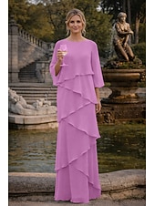 preiswerte Bodenlänge-Schlauchkleid Bodenlang Kleid für Hochzeitsgäste Abendkleid Brautmutterkleid Dreiviertelarm Rundhalsausschnitt Elegant Formell Chiffon mit Rüschen