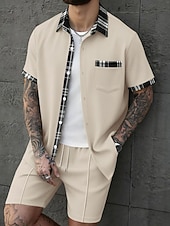 preiswerte Herren Basic Hemden Sets-Herren Zweiteilig Hemd Set Sommer-Set Und Set Kontrastfarbe Lässig Täglich Urlaub Hemdkragen Kurzarm Kurze Hose Sommer Frühling Mode Lässig Bequem Bekleidung