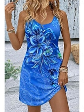 billiga Blommiga klänningar-Dam Mini klänning Solklänning A linjeklänning Sommarklänning Semester Ledigt Boho Strand Fest Bröllop Smal Blommig Grafisk Ärmlös U-hals Blå Gul Rodnande Rosa Rubinrött Sommar Vår