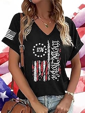  American Independence Day Women's T Shirt Print Graphic Flag Vintage Stylish Classic Short Sleeve V Neck Long Tops Daily Weekend Vacation Wear Blue Black Summer Spring
