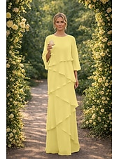 preiswerte Bodenlänge-Schlauchkleid Bodenlang Kleid für Hochzeitsgäste Abendkleid Brautmutterkleid Dreiviertelarm Rundhalsausschnitt Elegant Formell Chiffon mit Rüschen