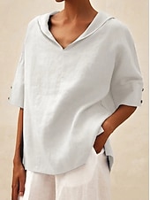 preiswerte Wesentliche Falsche Hemden-Damen Bluse Hemd aus Leinenimitat Einfach Stilvoll Lässig Dreiviertelarm V Ausschnitt Normale Oberteile Täglich Blau Schwarz Weiß Gelb Orange Sommer Frühling Herbst