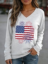  Mujer Camiseta Camiseta superior Estampado Graphic Bandera estadounidense Vintage Elegante Clásico Manga Larga Escote en Pico Tops regulares Diario Noche Fin de semana Blanco Rojo Azul Marino Caqui