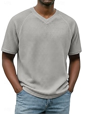 abordables T-shirt en tricot gaufré-Homme Tee-shirt Gaufre T-shirt Manche Courte Col en V Été Printemps Toutes saisons Couleur Unie Mode Designer Occasionnel Basique Manche raglan Occasionnel Quotidien Extérieur Bleu Ciel Blanc T-shirt