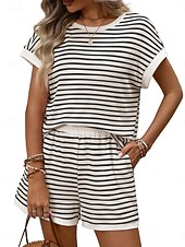 cheap Women's Blouse Suits-Women's Two Piece Sets Shorts Sets Short Sleeve Crew Neck Striped Fashion Streetwear Casual Daily Outdoor Black Pink Dark Pink Summer Regular Fit