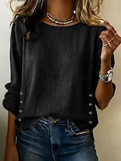 voordelige Overhemden-Dames Overhemden met linnenlook Linnen overhemd Blouse Lapwerk Knop Effen Elegant Vakantie Stijlvol Lange mouw Strakke ronde hals Normale tops Dagelijks Feestdagen Uitgaan blauw Zwart Wit Geel