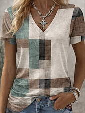 cheap Stripe&amp;Geometric tee-Women's T Shirt Print Graphic Striped Abstract Stylish Classic Casual Short Sleeve V Neck Long Tops Daily Brown And White Gray / White White Summer Spring
