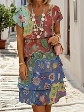  Dame Mini kjole Uformell kjole Print kjole Peplum kjoler Elegant Mote Moderne utendørs Feriereise Ut på byen Normal Blomstret Kortermet Crew-hals Blå Sommer Vår