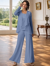 abordables Trajes de pantalón de mamá-Traje de pantalón Traje de 3 piezas Hasta el Suelo Vestido de Madrina Sin Mangas Barco de cuello Elegante Talla Grande Bolero incluido Formal Invitado a la boda Gasa con Encaje