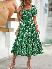cheap Casual Floral Dresses-Women's Midi Dress Casual Dress Floral Dress Elegant Fashion Modern Outdoor Vacation Going out Regular Fit Floral Short Sleeve Square Neck Blue Black White Pink Summer Spring
